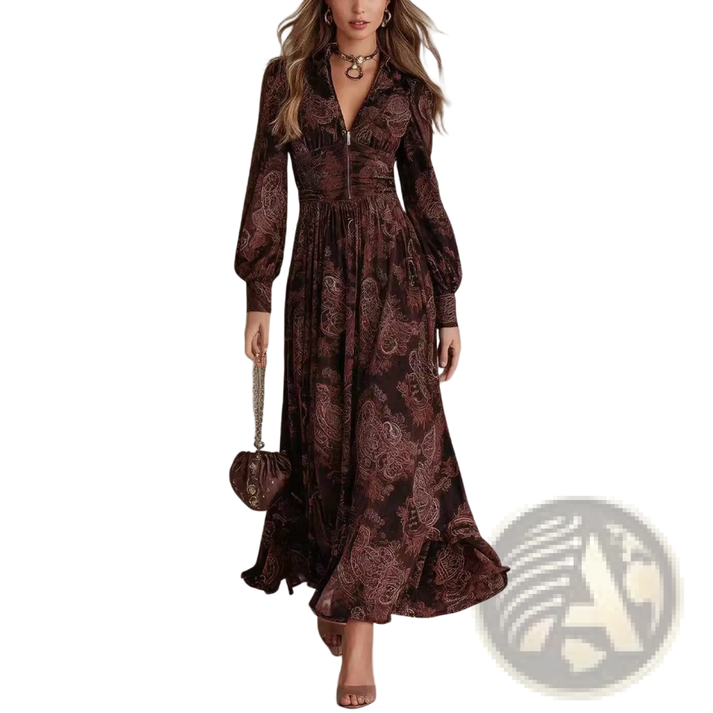 A flowing brown long sleeve maxi dress with an intricate paisley pattern and fitted waist for retro style