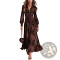 A flowing brown long sleeve maxi dress with an intricate paisley pattern and fitted waist for retro style