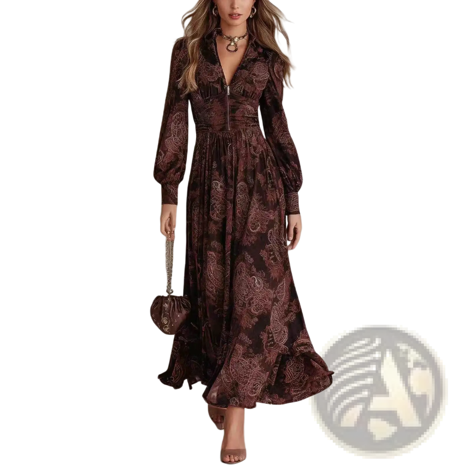 A flowing brown long sleeve maxi dress with an intricate paisley pattern and fitted waist for retro style