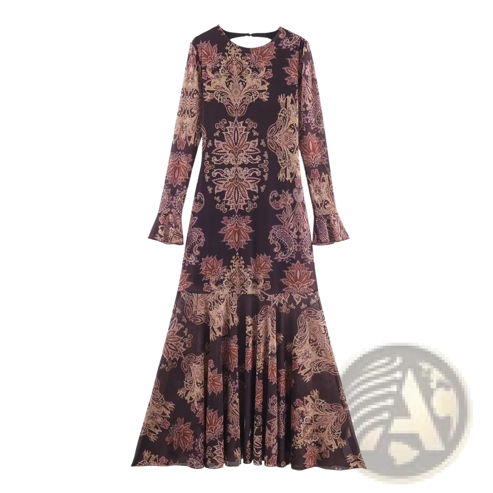 A flowing long-sleeved maxi dress in dark burgundy with intricate rose gold and beige paisley and floral patterns