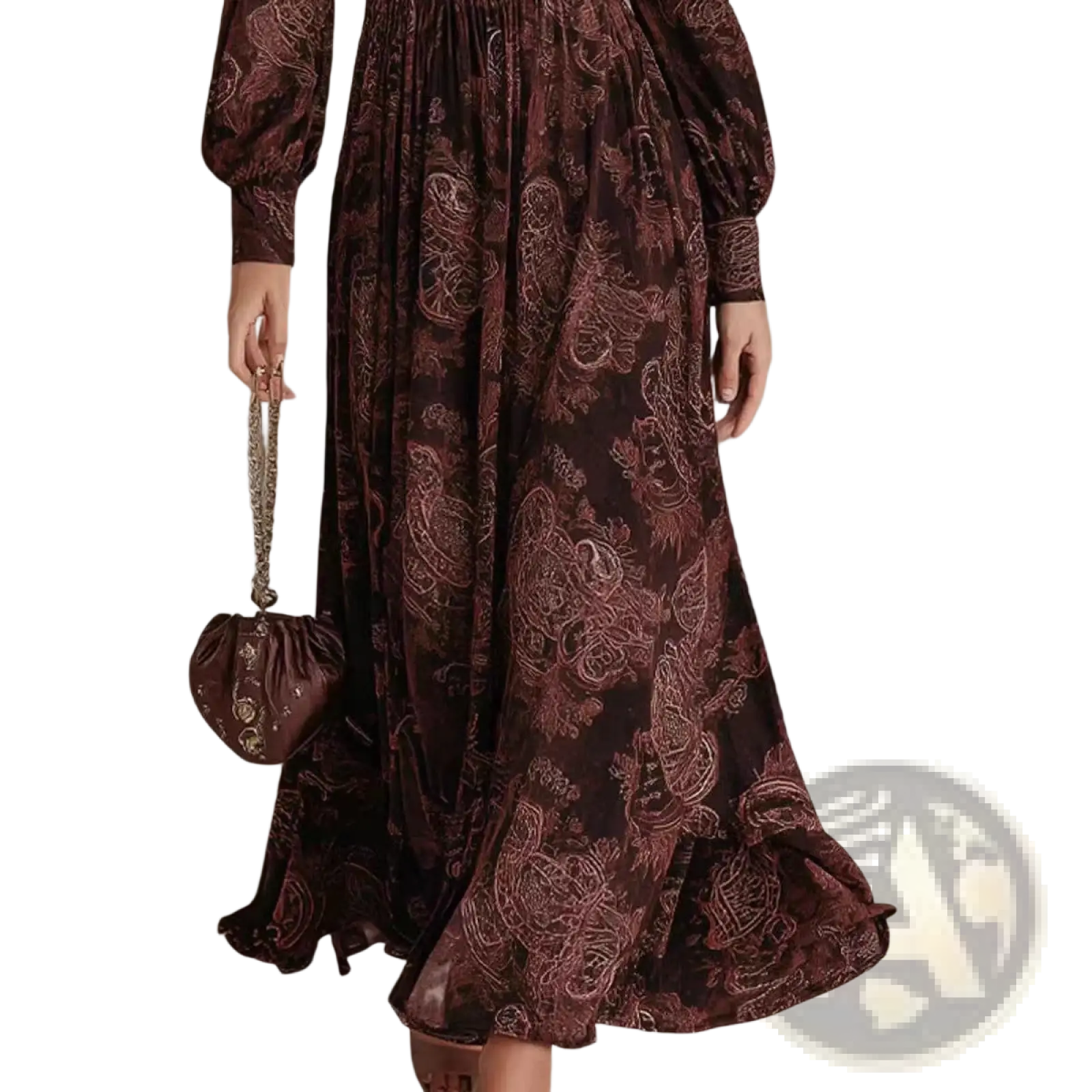 A dark burgundy velvet retro paisley print midi dress with long puffed sleeves and a flared skirt
