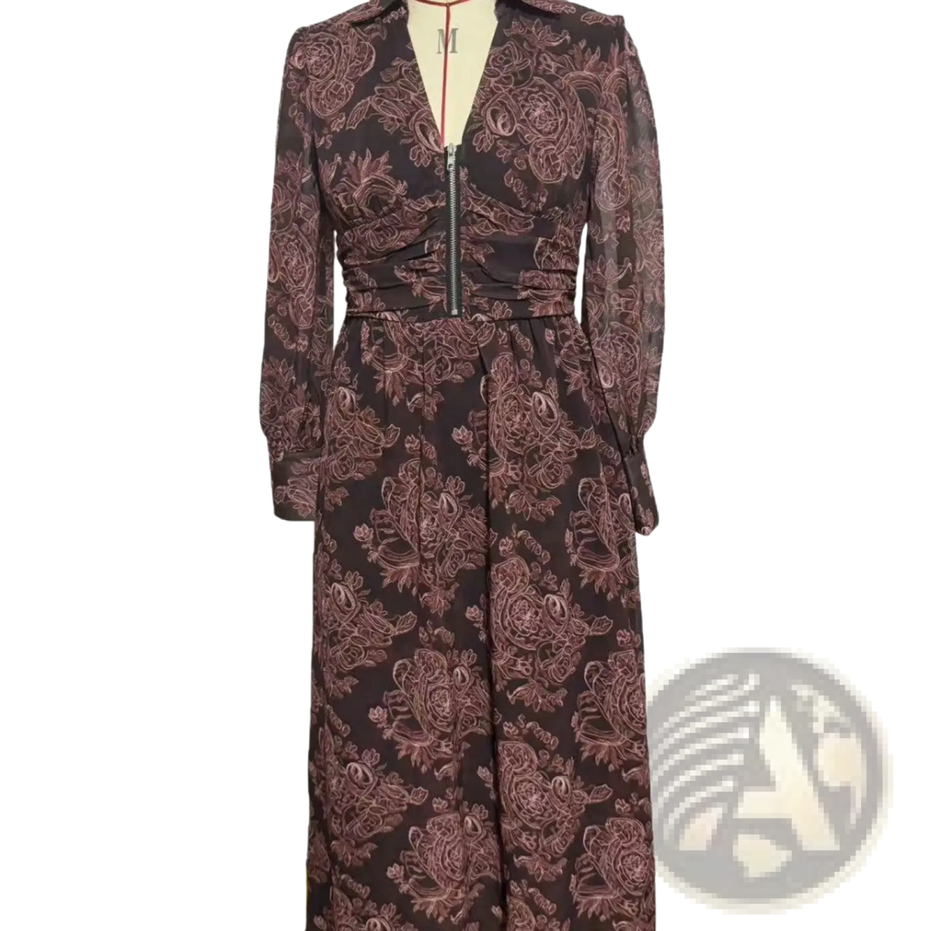 A dark brown retro paisley print long sleeve maxi dress with subtle rose pattern and front zipper closure