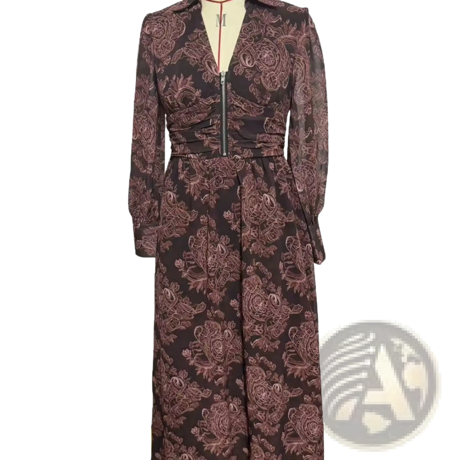 A dark brown retro paisley print long sleeve maxi dress with subtle rose pattern and front zipper closure