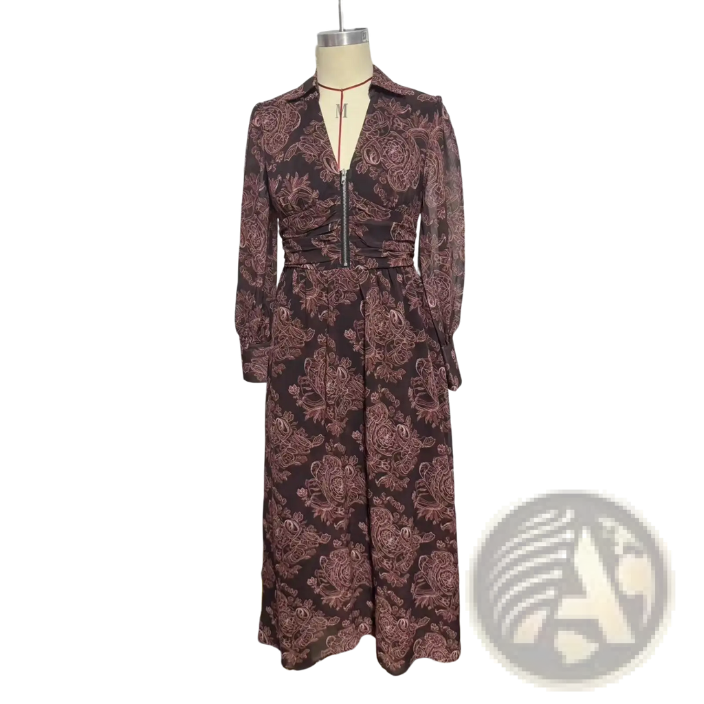 Retro paisley print long sleeve maxi dress in dark brown with burgundy paisley pattern and front zipper detail