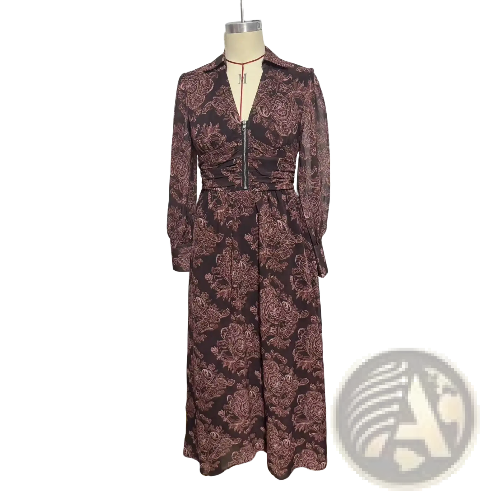 Retro paisley print long sleeve maxi dress in dark brown with burgundy paisley pattern and front zipper detail