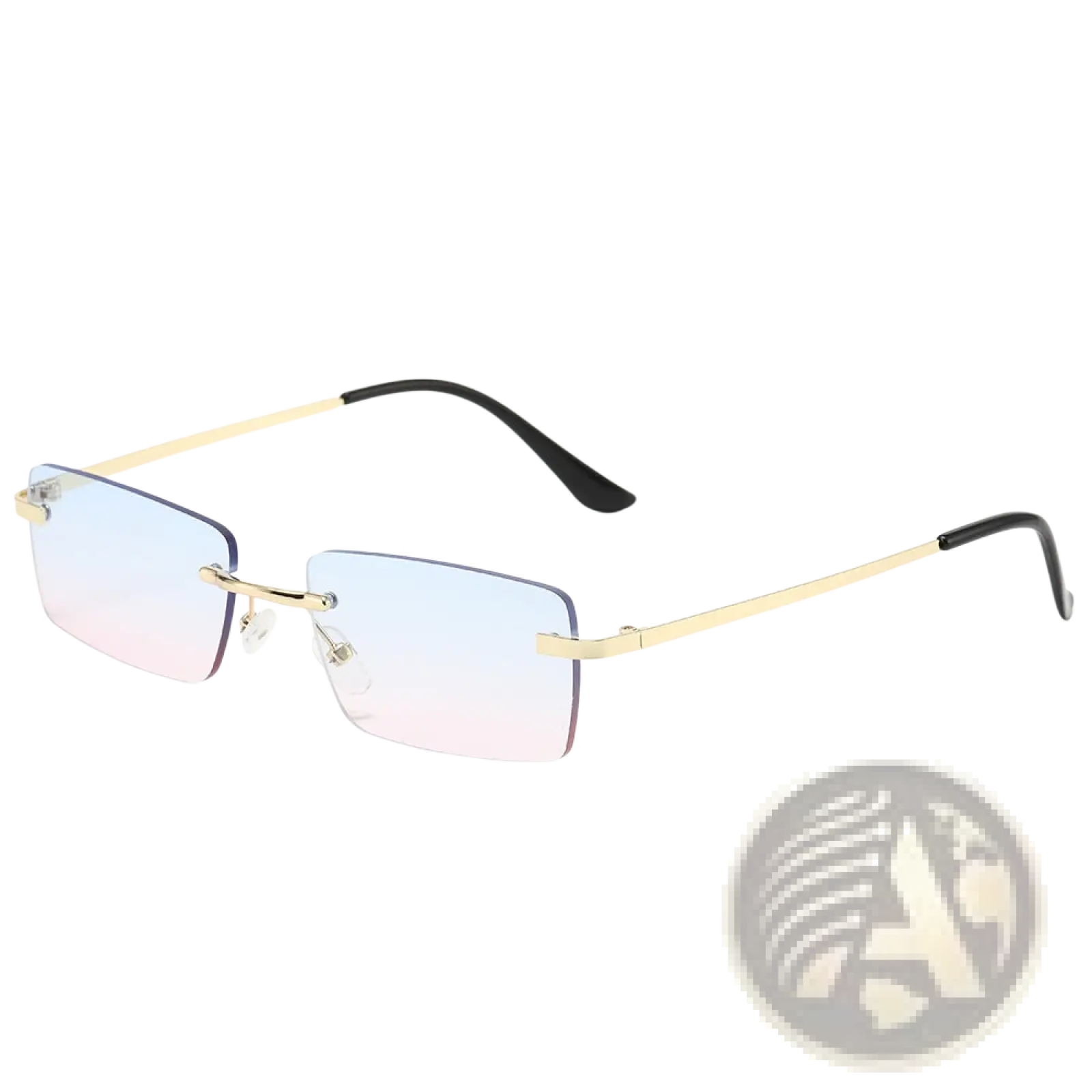 Retro rimless square gold trim sunglasses with gold-rimmed rectangular frames and blue to pink gradient lenses
