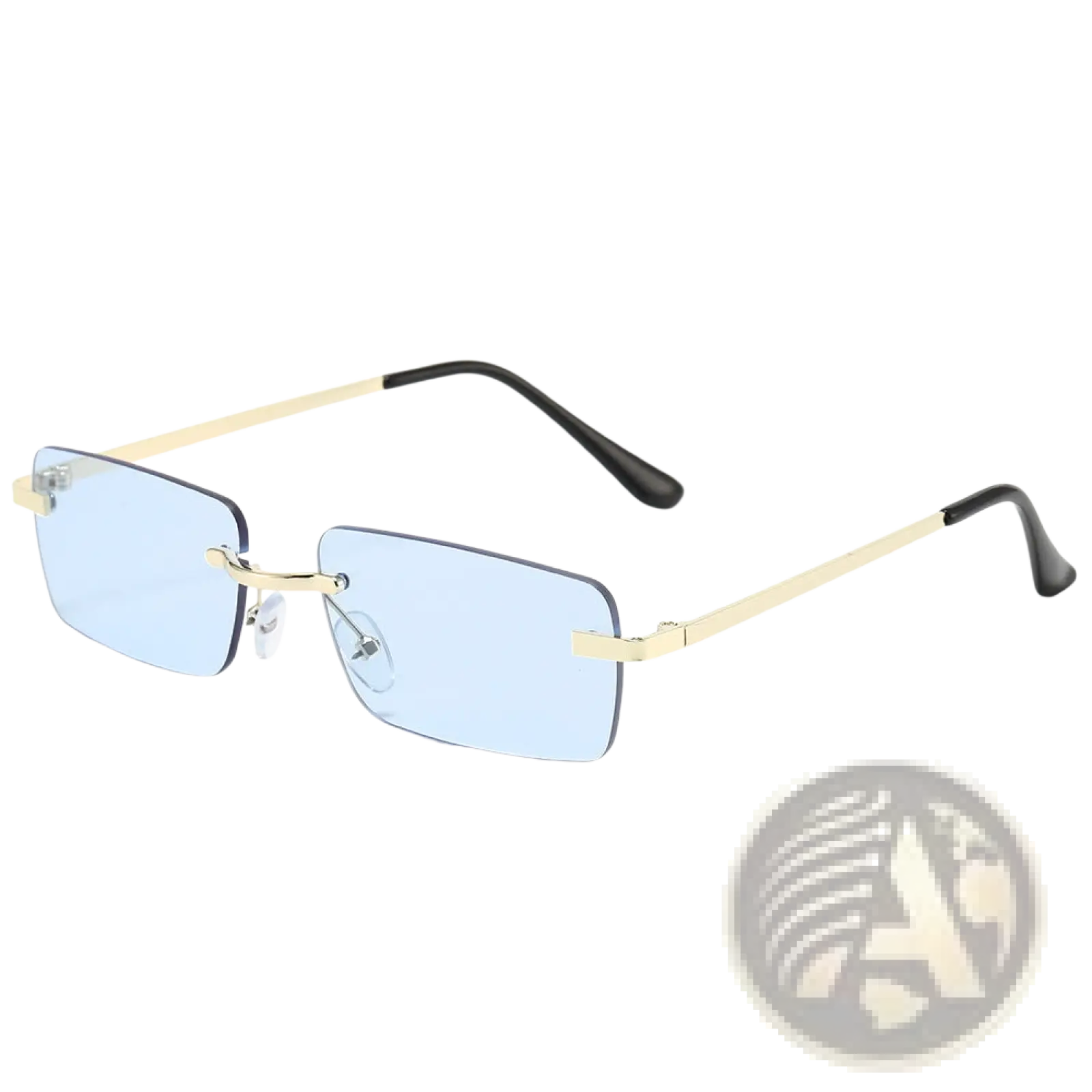 Retro rimless square gold trim sunglasses with light blue tinted lenses and black temple tips six pack
