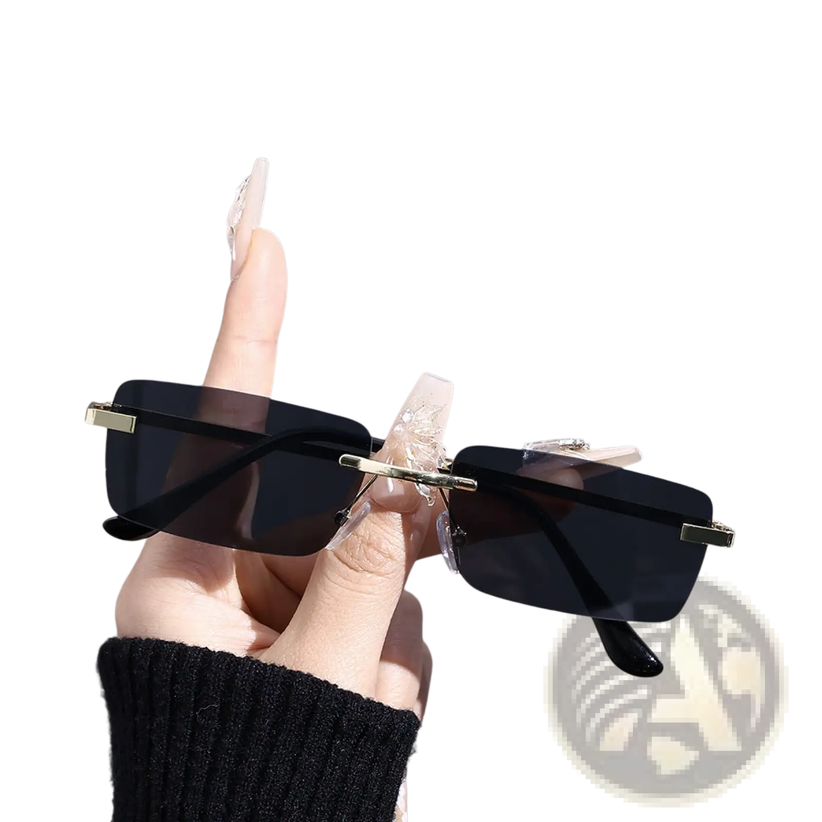 Black rectangular sunglasses with gold-tone metal rimless square frames in a 6 pack with minimalist retro design