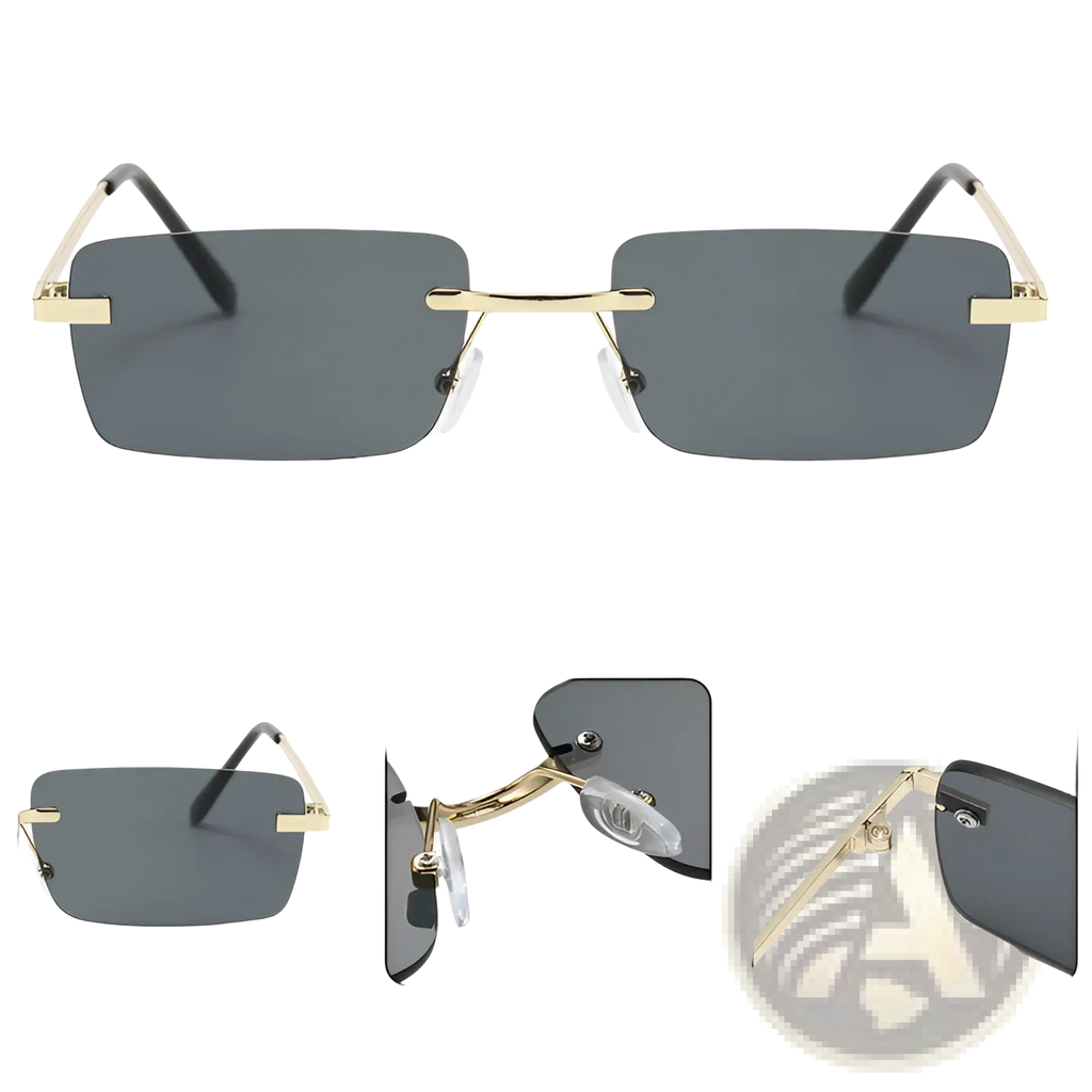 Retro rimless square gold trim sunglasses with gold-rimmed rectangular frames and dark gray lenses with clear nose pads