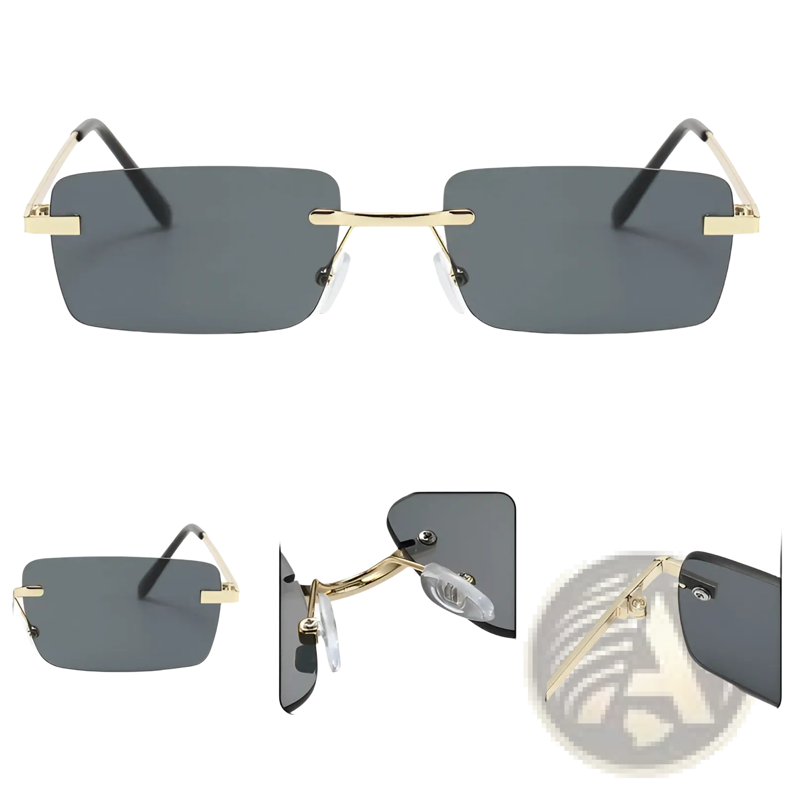 Retro rimless square gold trim sunglasses with gold-rimmed rectangular frames and dark gray lenses with clear nose pads