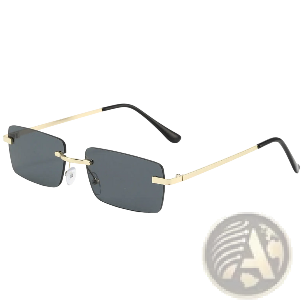 Retro rimless square gold trim sunglasses in a six pack featuring gold-toned frames with dark gray lenses and black tips