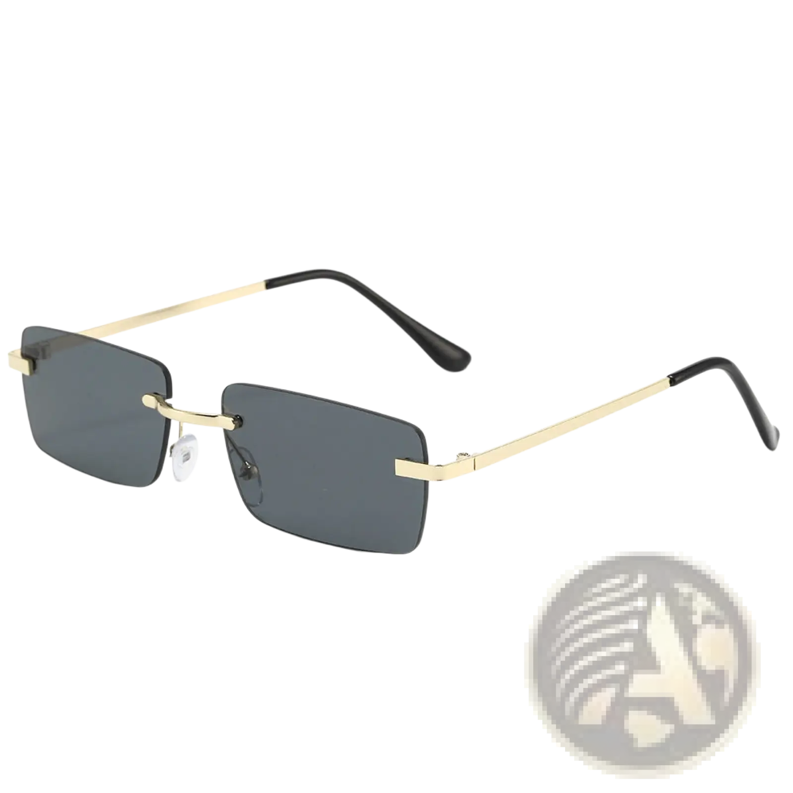 Retro rimless square gold trim sunglasses in a six pack featuring gold-toned frames with dark gray lenses and black tips