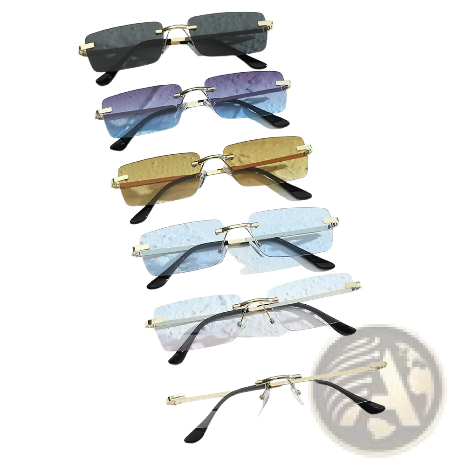 Set of six retro rimless square sunglasses with gold trim featuring gradient lenses in black blue gold light blue and clear frames