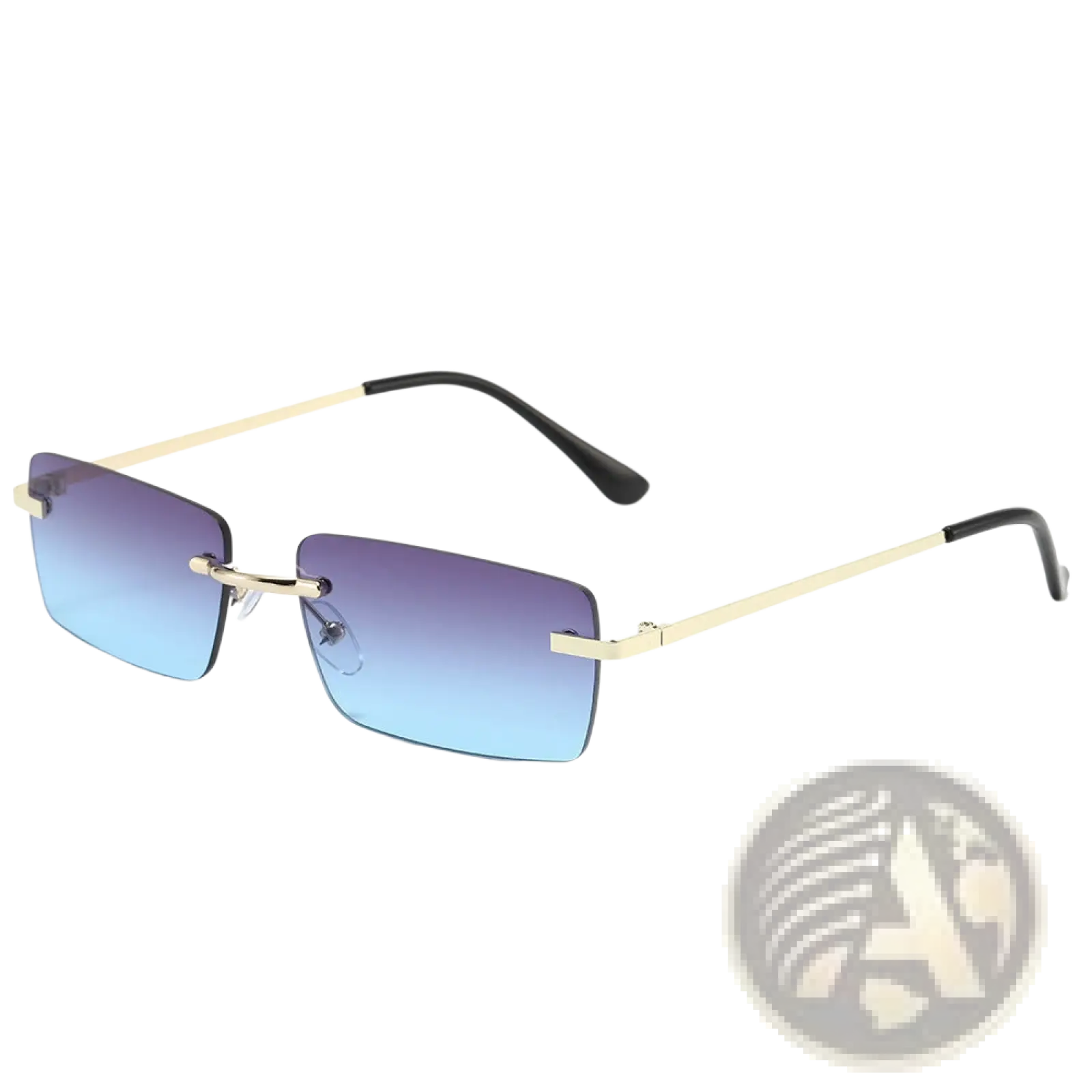 Retro rimless square gold trim sunglasses featuring gold-toned frames and gradient blue lenses in a 6 pack