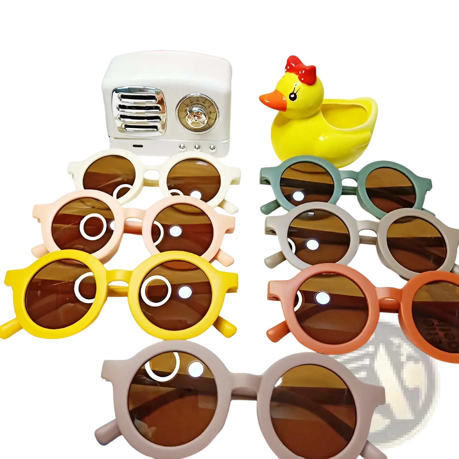 Retro round dog sunglasses with orange frames brown lenses and playful white circular designs for children