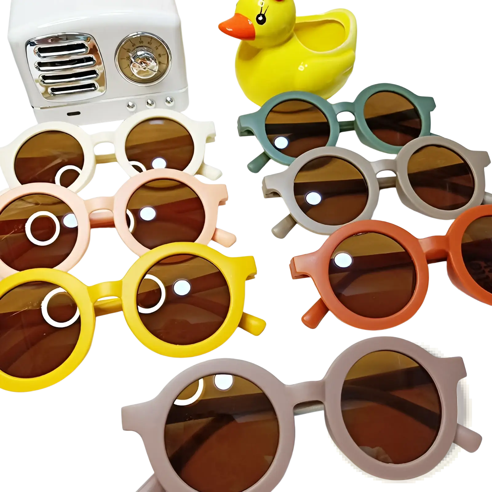 A collection of colorful retro round dog sunglasses with orange frames brown lenses and white circular frame details