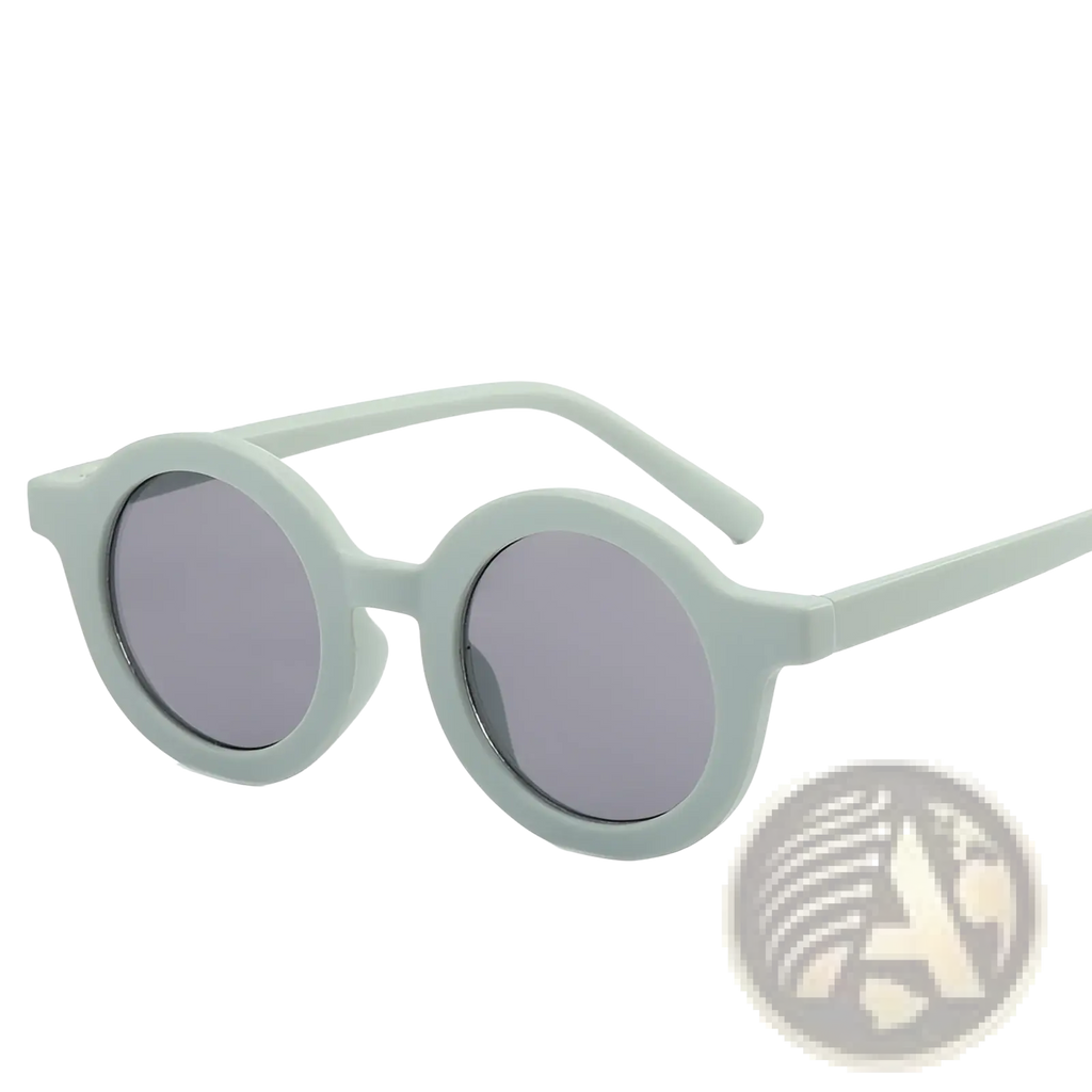 Light blue round-framed sunglasses with gray tinted lenses for retro style and dog use in an orange frame product