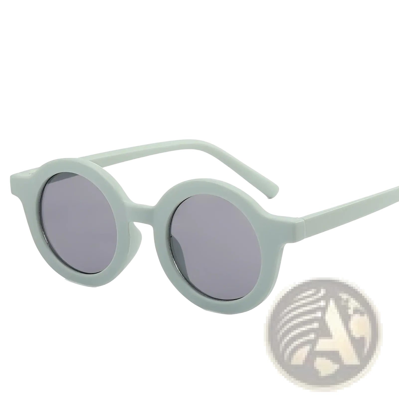 Light blue round-framed sunglasses with gray tinted lenses for retro style and dog use in an orange frame product