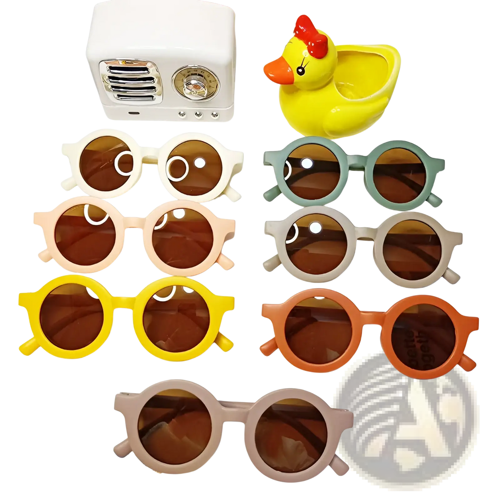 Set of colorful round children’s sunglasses with brown lenses and pastel frames including orange retro round dog style