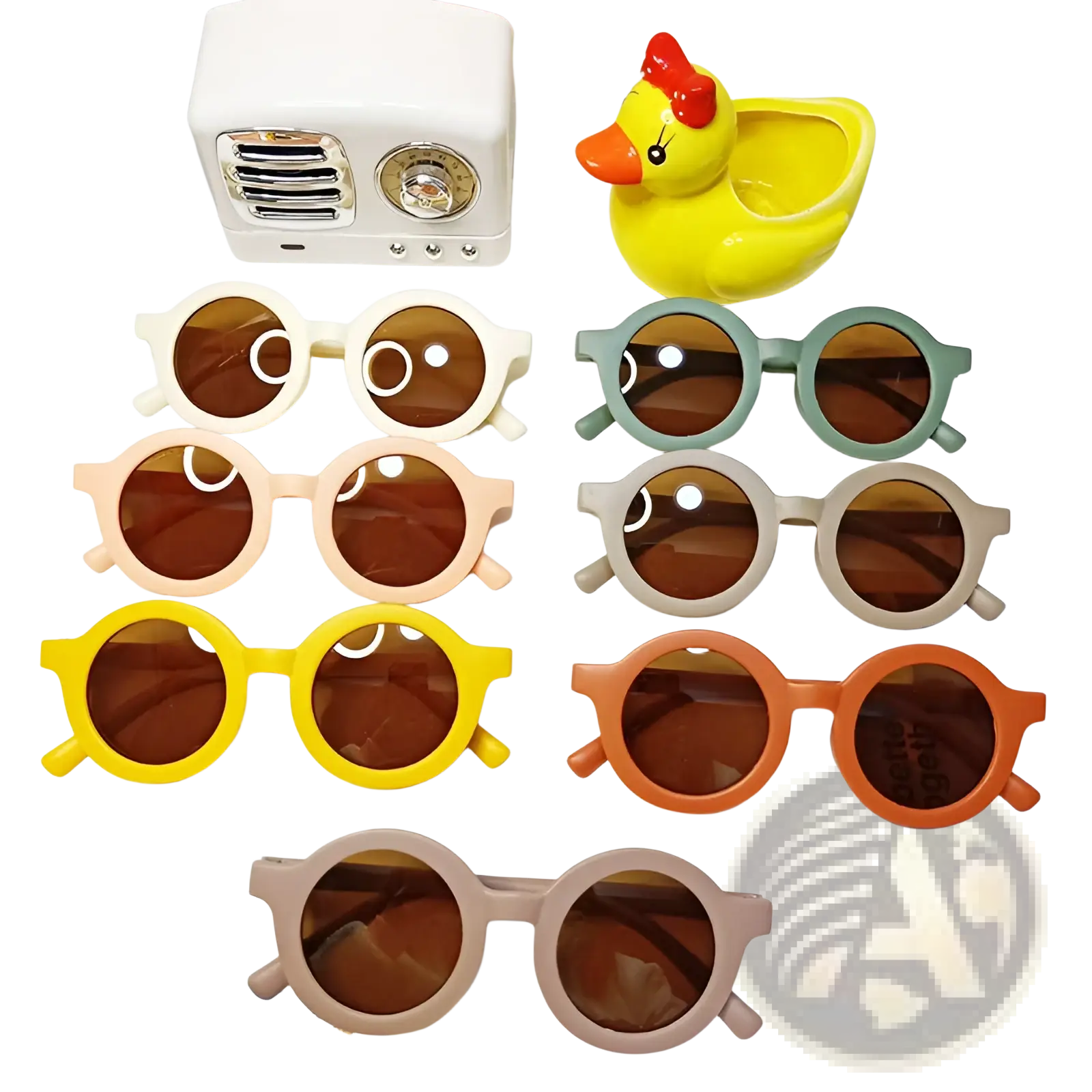 Set of colorful round children’s sunglasses with brown lenses and pastel frames including orange retro round dog style