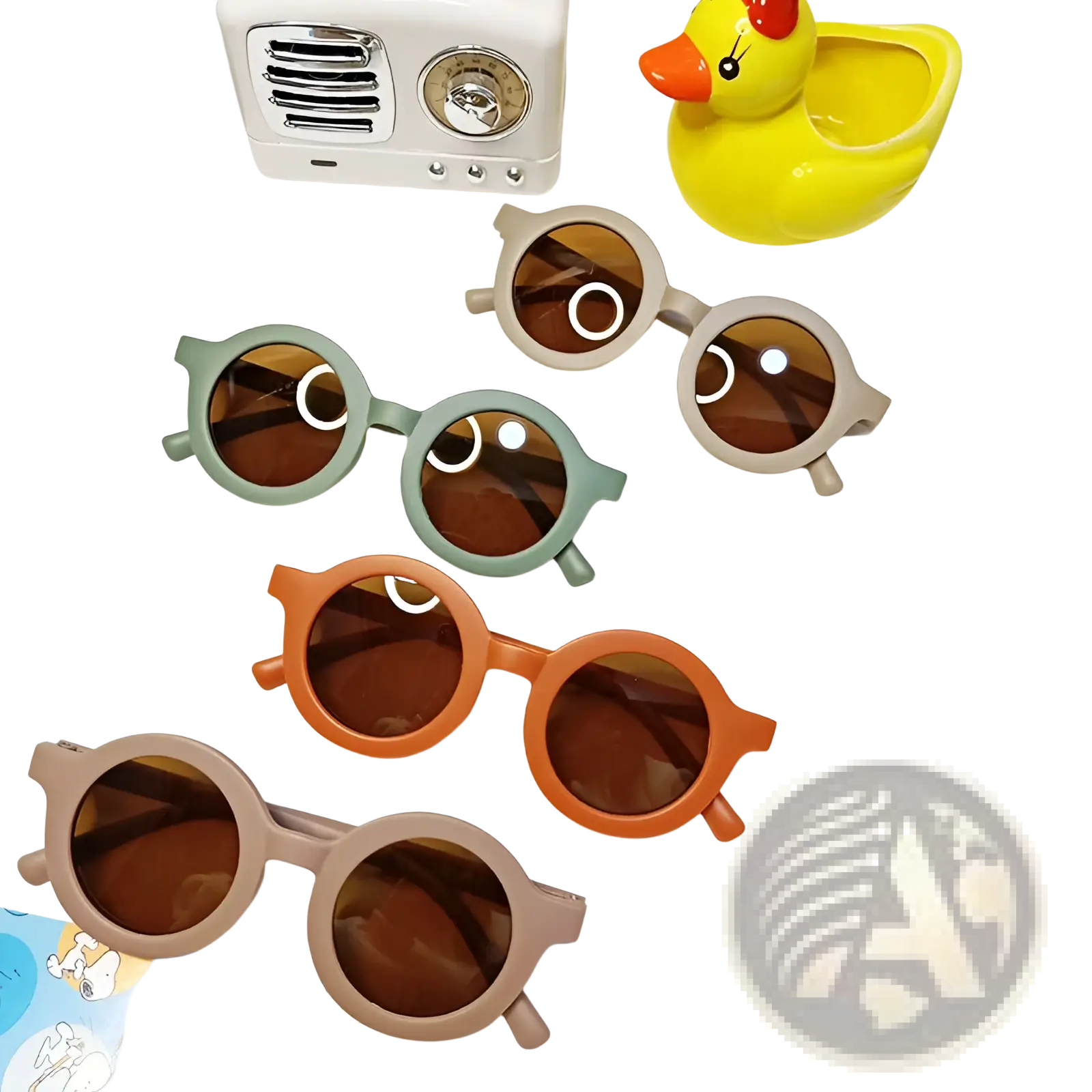 Set of four colorful children’s retro round dog sunglasses with pastel green beige and orange frames and brown lenses