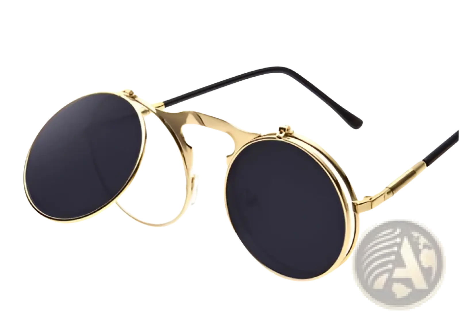 Gold-toned steampunk clip-on metal sunglasses with dark lenses and black temple arms from retro round flip up polarized collection