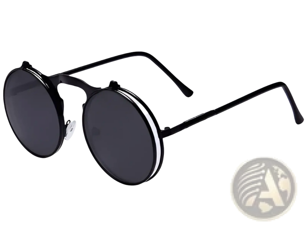 Black retro round clip-on polarized sunglasses with dark lenses and sleek metallic frame for stylish sun protection