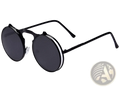 Black retro round clip-on polarized sunglasses with dark lenses and sleek metallic frame for stylish sun protection