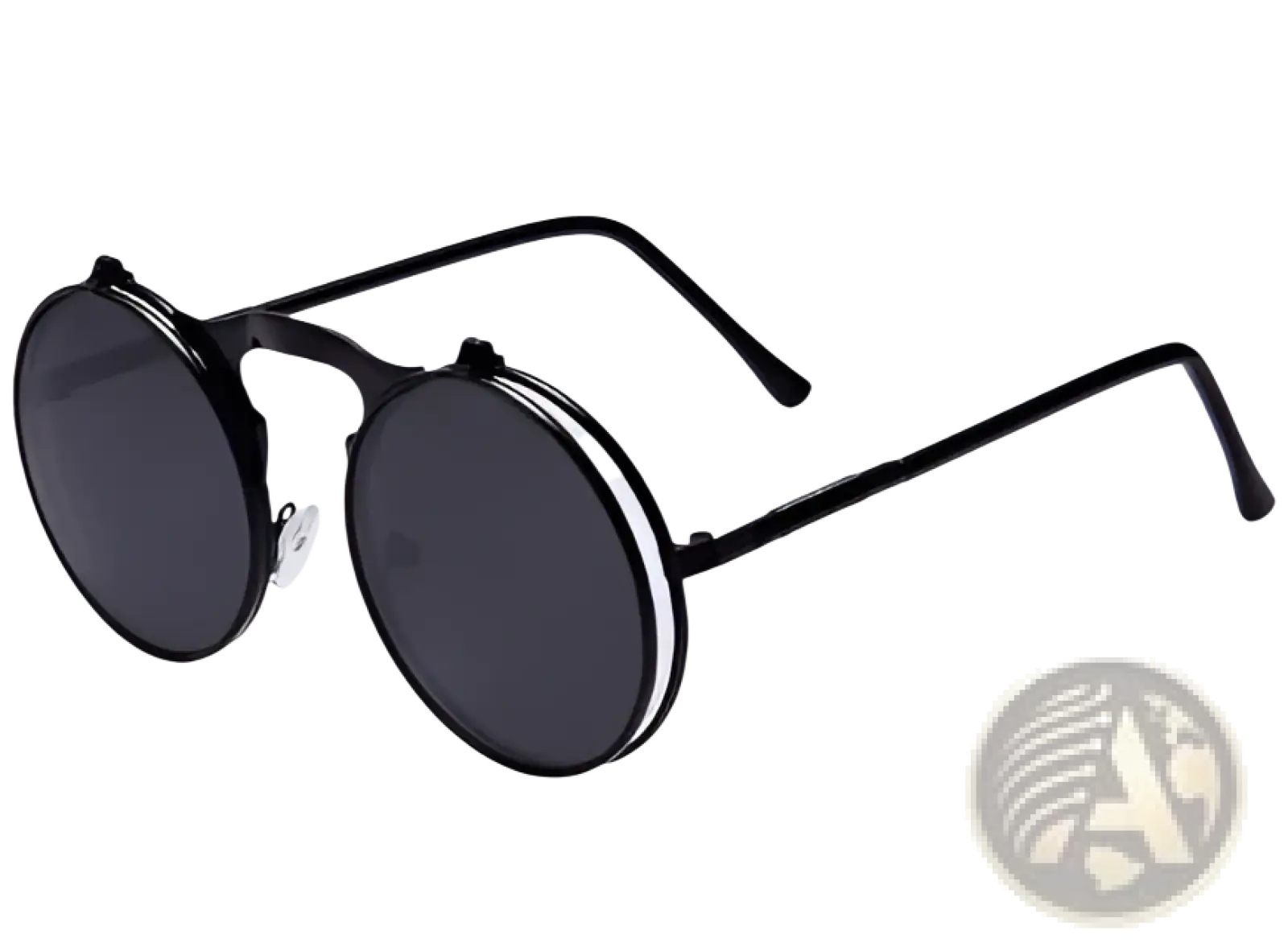 Black retro round clip-on polarized sunglasses with dark lenses and sleek metallic frame for stylish sun protection