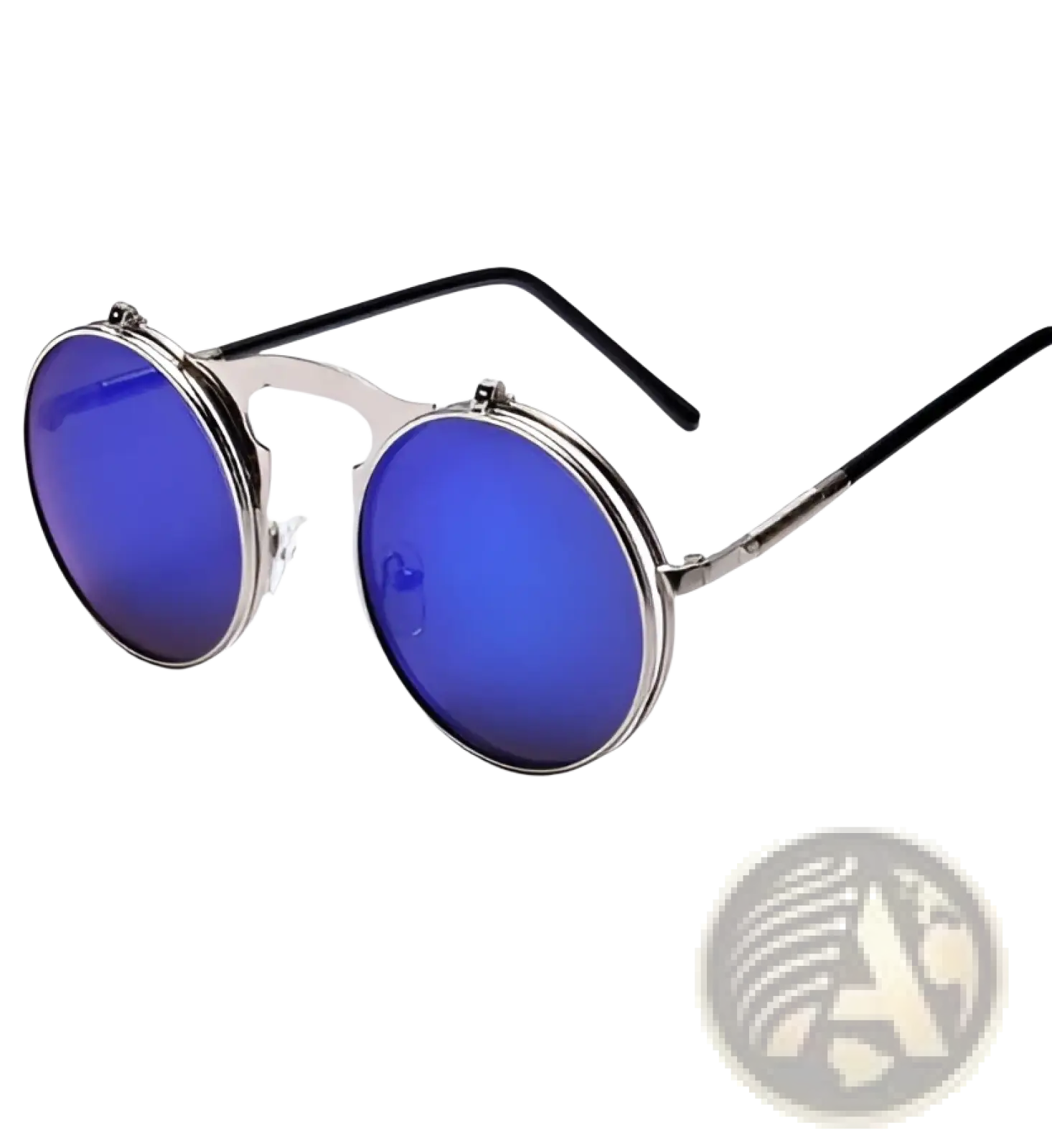 Stylish retro round flip up polarized metal sunglasses with silver frames and vibrant blue mirrored clip-on lenses