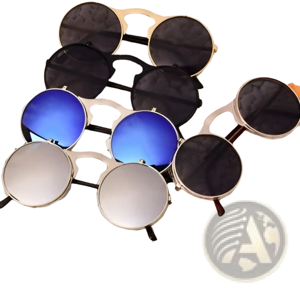 Retro round flip up polarized metal sunglasses with reflective blue and mirrored silver lenses and black or gold frames