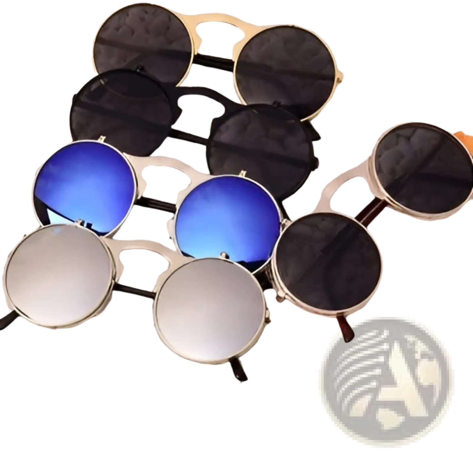Retro round flip up polarized metal sunglasses with reflective blue and mirrored silver lenses and black or gold frames