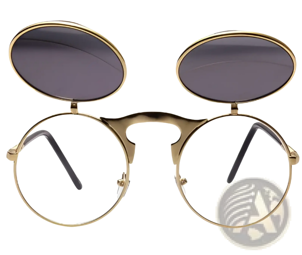 Gold-toned clip-on retro round flip up polarized metal sunglasses with dark gray tinted lenses