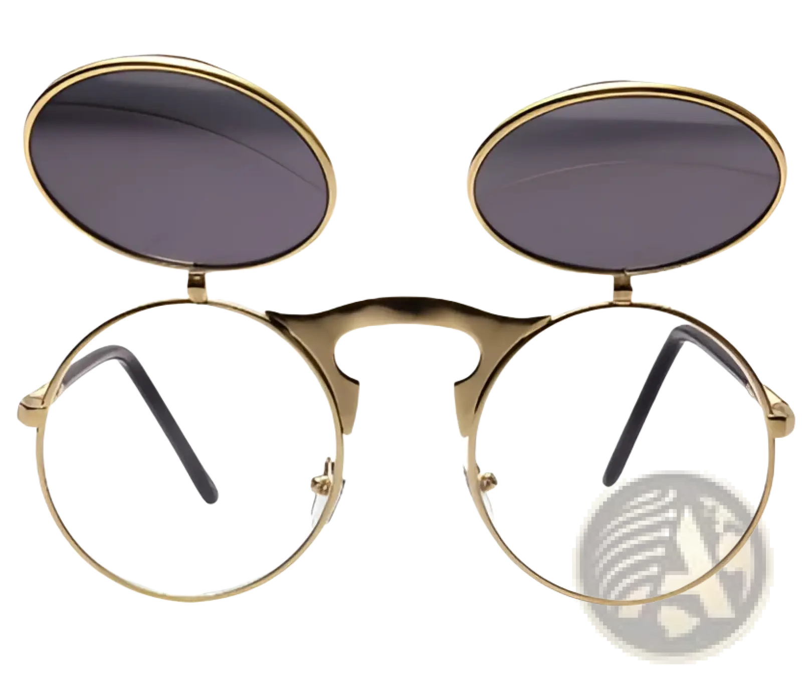Gold-toned clip-on retro round flip up polarized metal sunglasses with dark gray tinted lenses