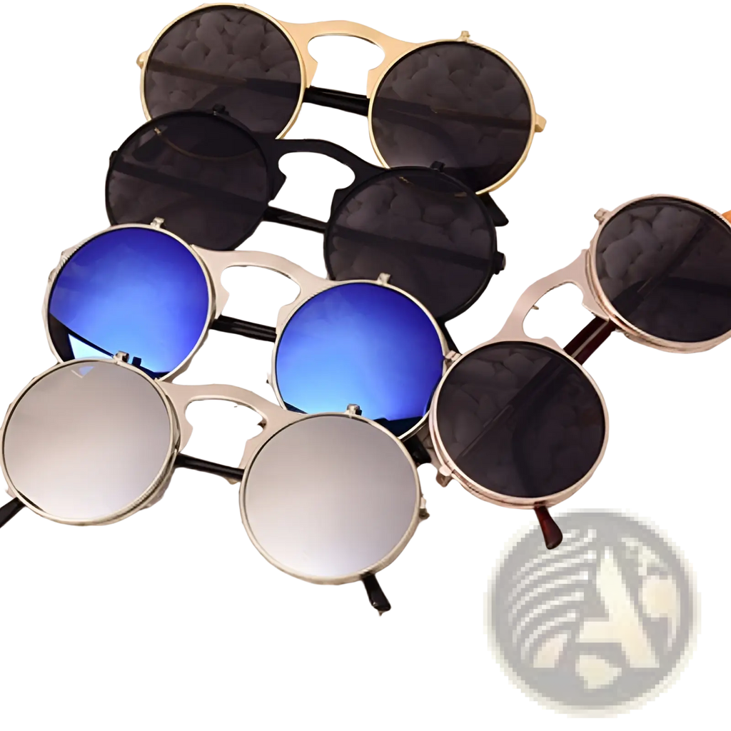 Retro round flip up polarized metal sunglasses with mirrored lenses in gold black and silver frames