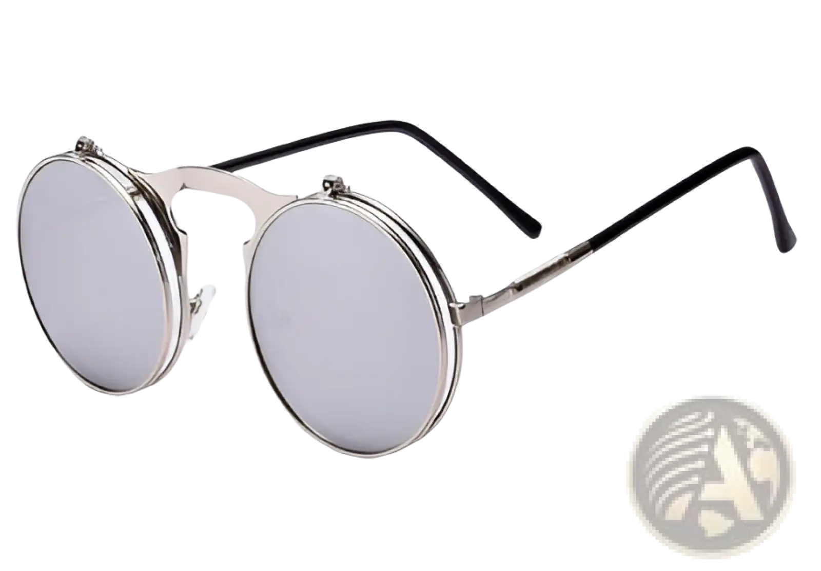 Retro round flip up polarized metal sunglasses with silver-toned round clip-on mirrored lenses and black temple arms