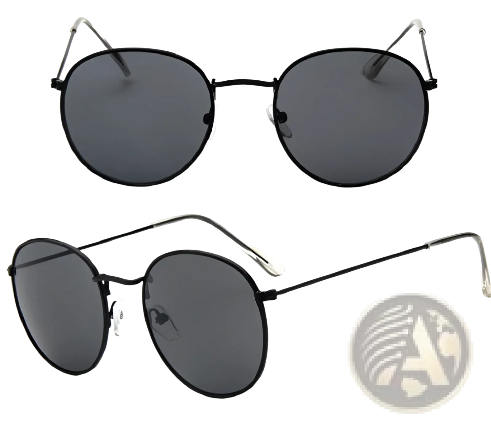 Black round-framed sunglasses with dark gray lenses and metallic temple tips in retro gold metal mirrored style