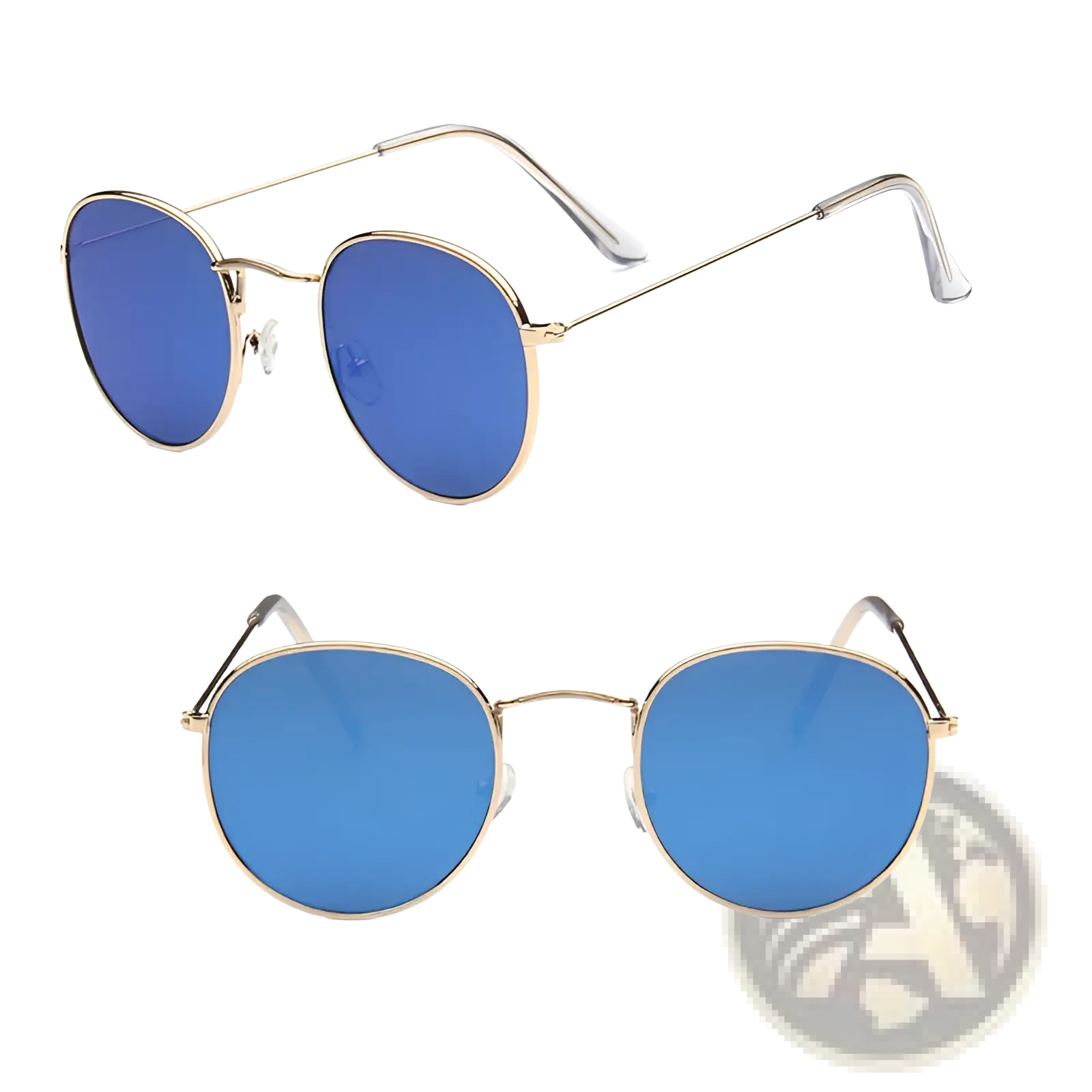 Retro round gold metal sunglasses with vibrant blue mirrored lenses featuring a polished gold rim design