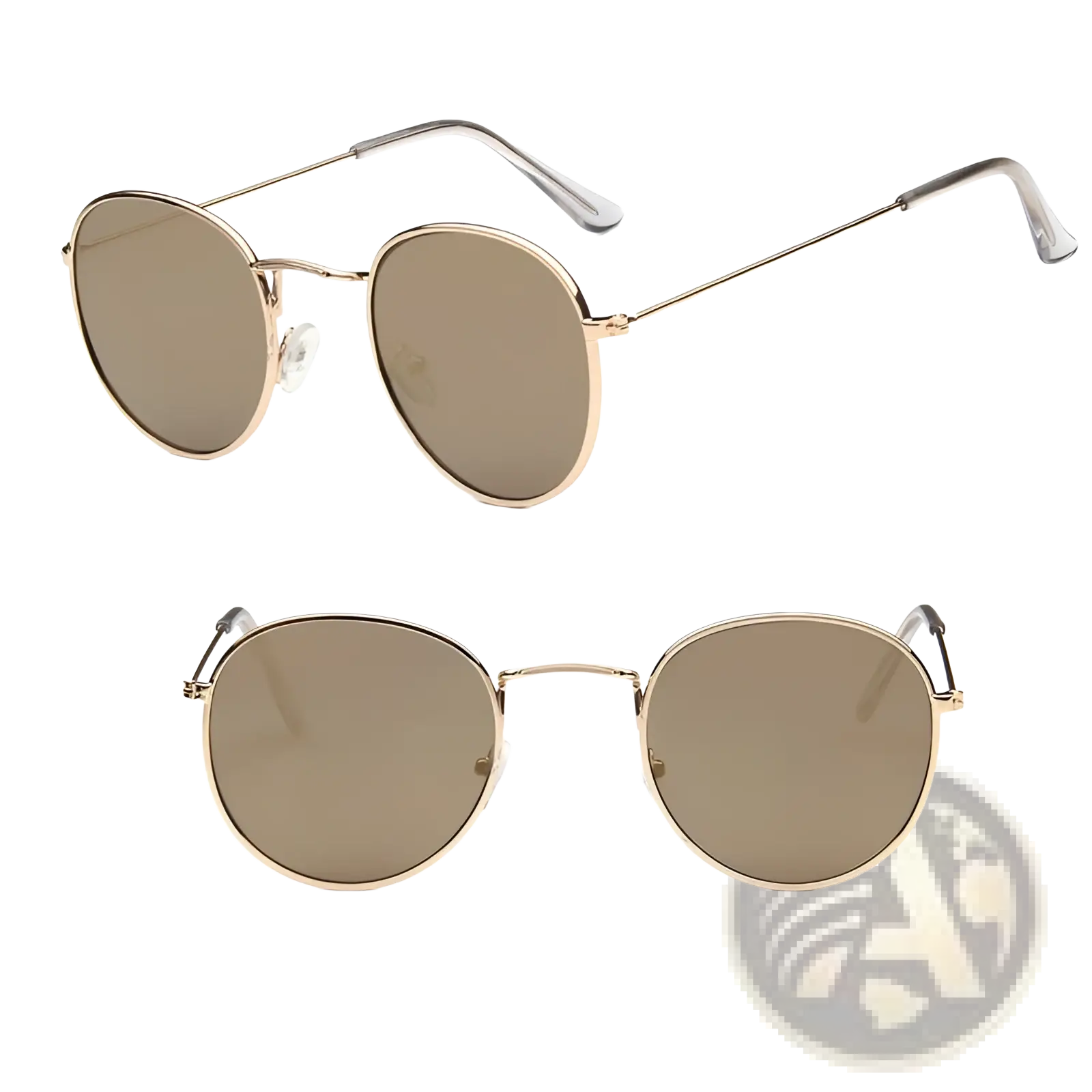 Retro round gold metal sunglasses with gold rims and brown mirrored lenses ideal for stylish sun protection