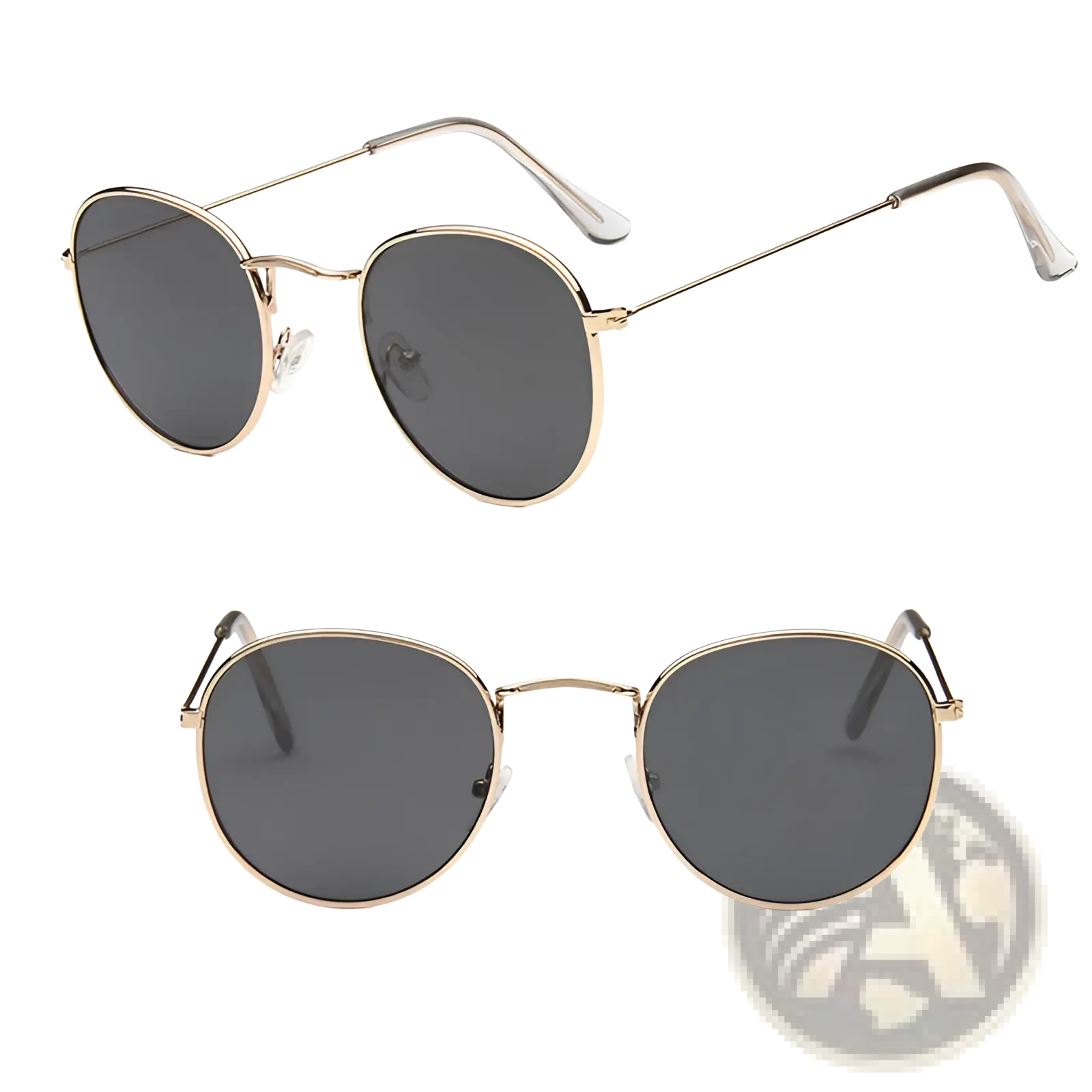 Gold-rimmed retro round metal sunglasses with dark grey lenses perfect for stylish sun protection