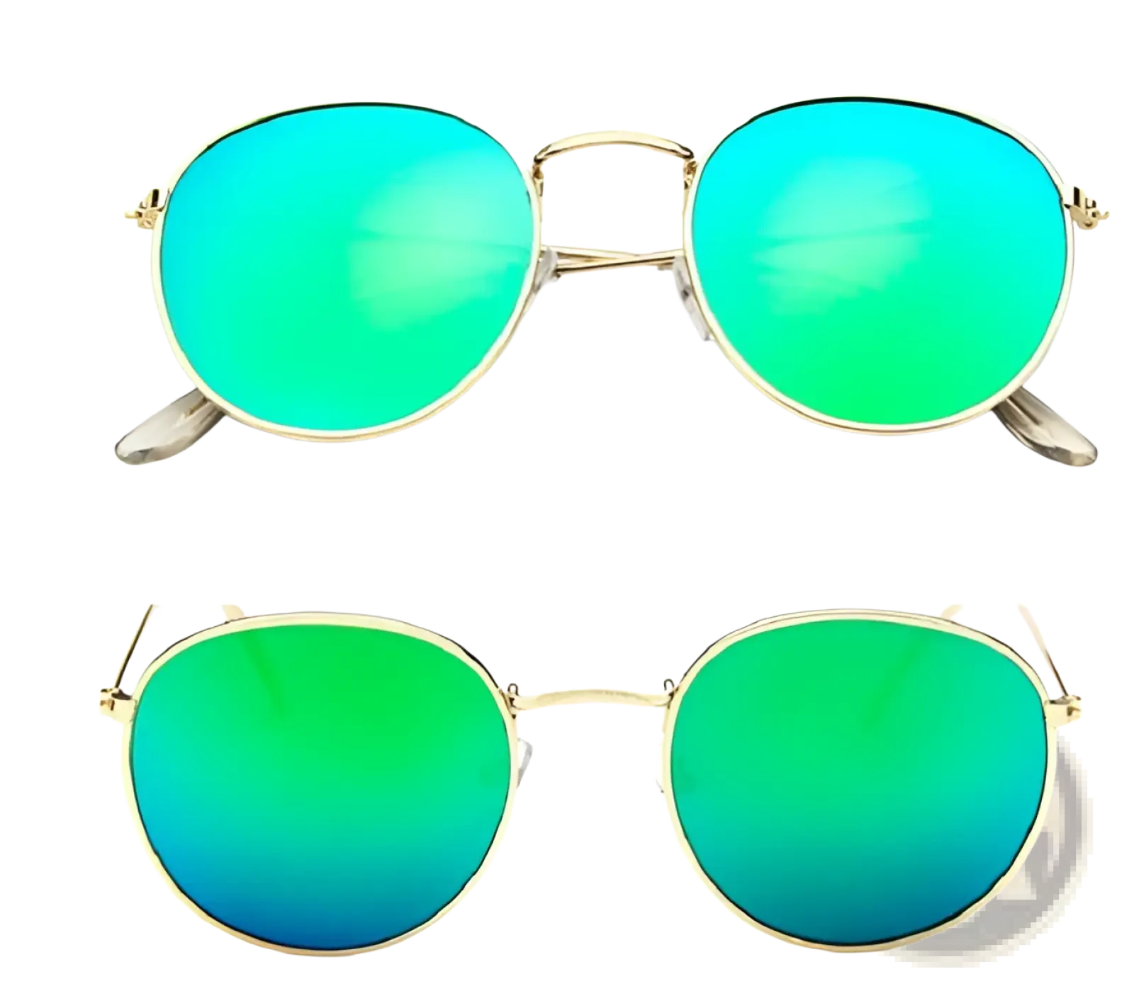 Retro round gold metal sunglasses with gradient mirrored lenses shifting from teal to green