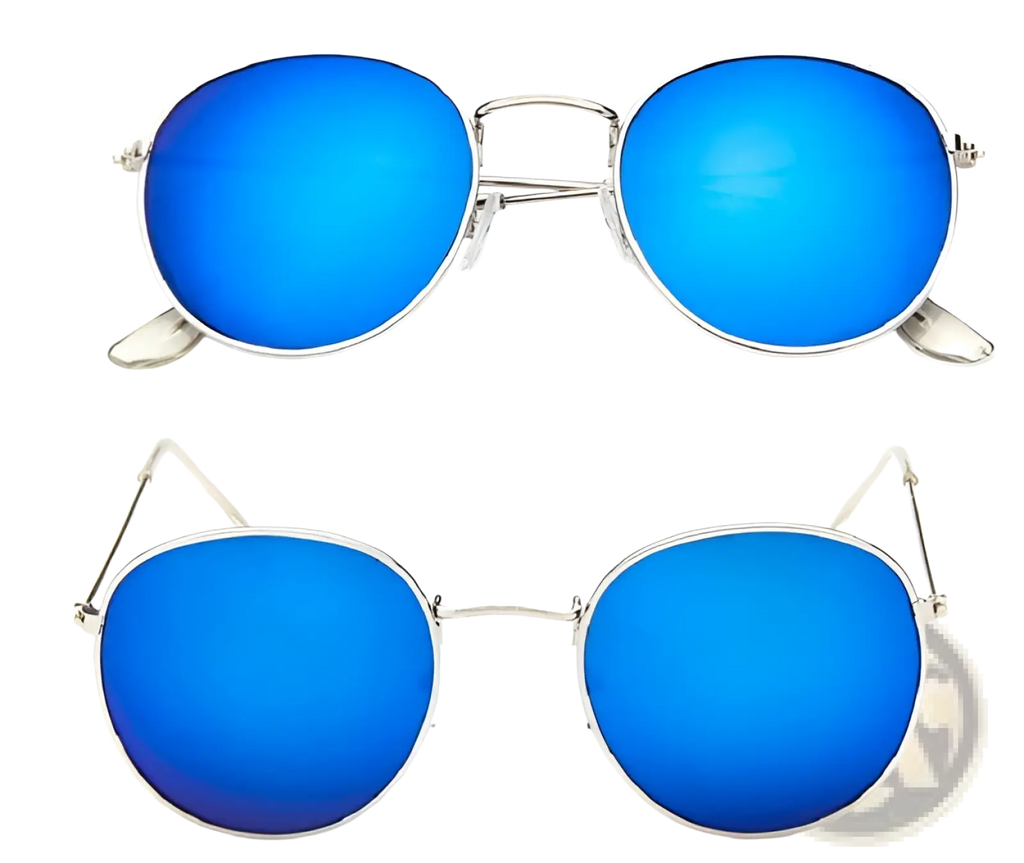 Retro round gold metal mirrored sunglasses featuring blue mirrored round lenses with silver metal frames