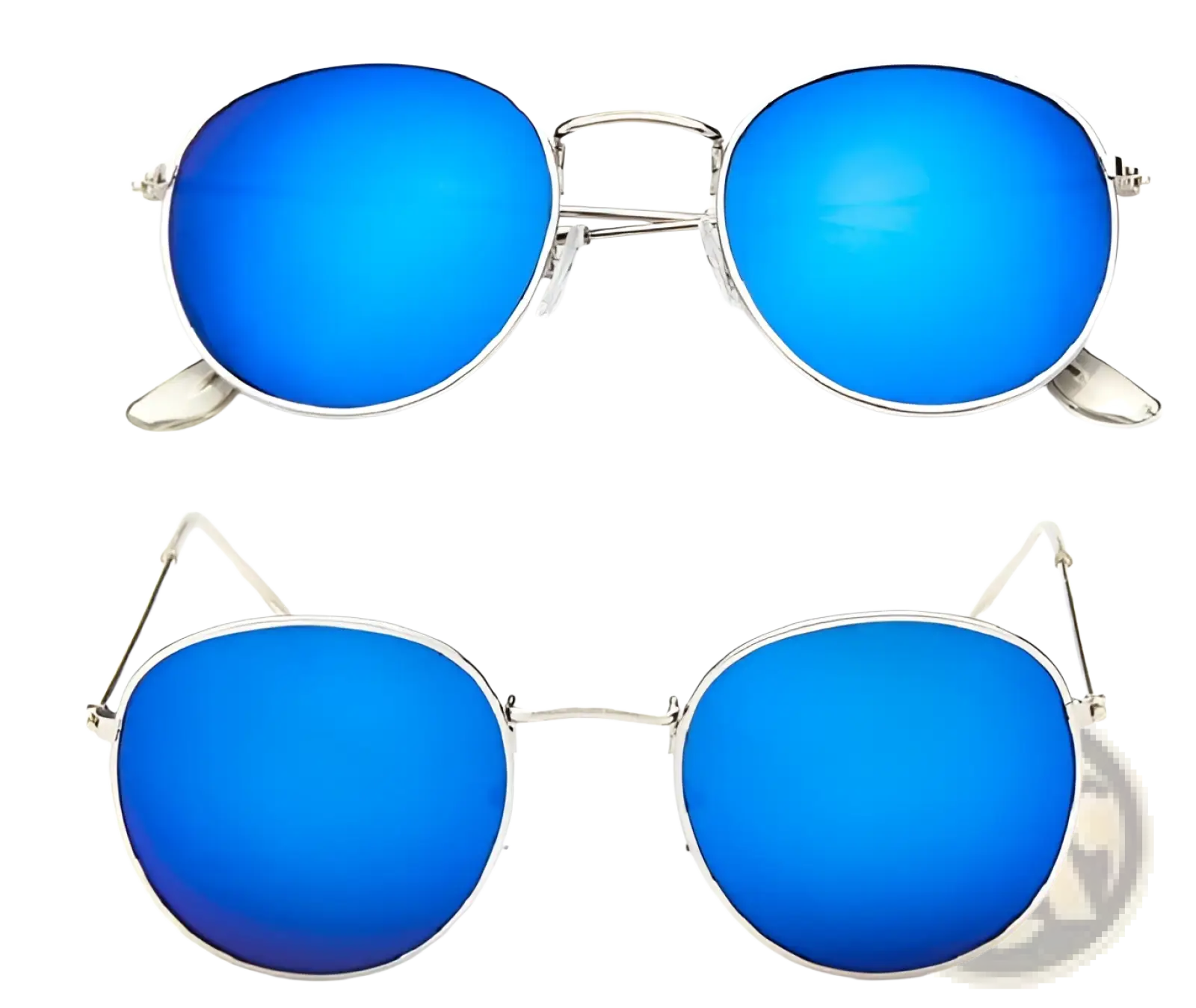 Retro round gold metal mirrored sunglasses featuring blue mirrored round lenses with silver metal frames