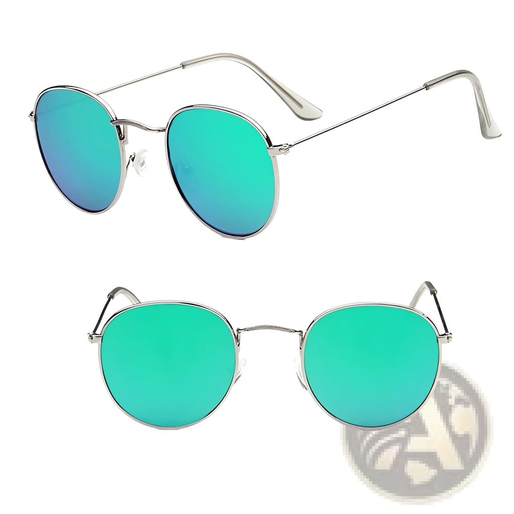 Silver-framed round sunglasses with vibrant green mirrored lenses in a retro gold metal mirrored design