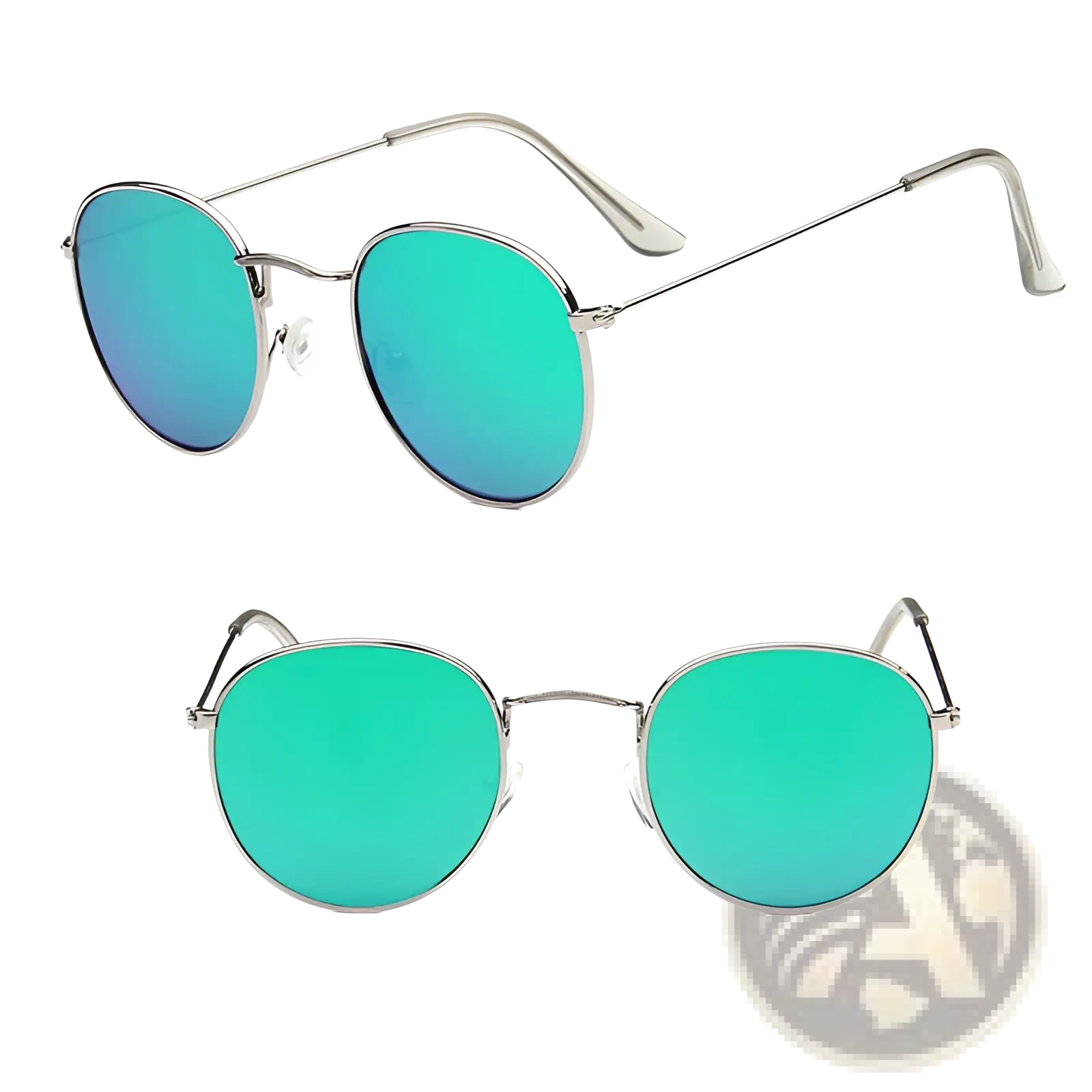 Silver-framed round sunglasses with vibrant green mirrored lenses in a retro gold metal mirrored design