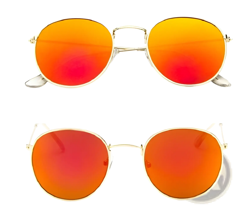 Retro round gold metal mirrored sunglasses with round orange lenses and gold-toned metal frame for stylish wear