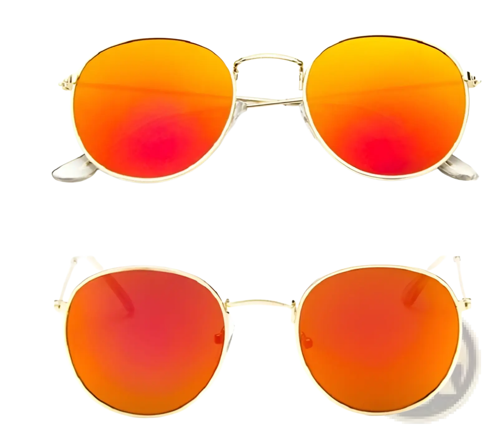 Retro round gold metal mirrored sunglasses with round orange lenses and gold-toned metal frame for stylish wear