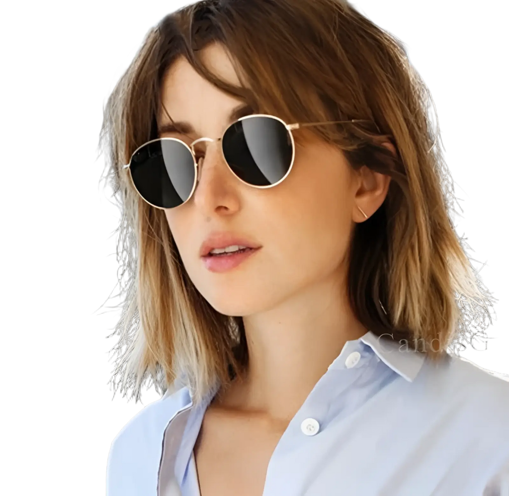 Retro round gold metal sunglasses with dark mirrored lenses featuring a gold-toned metal frame