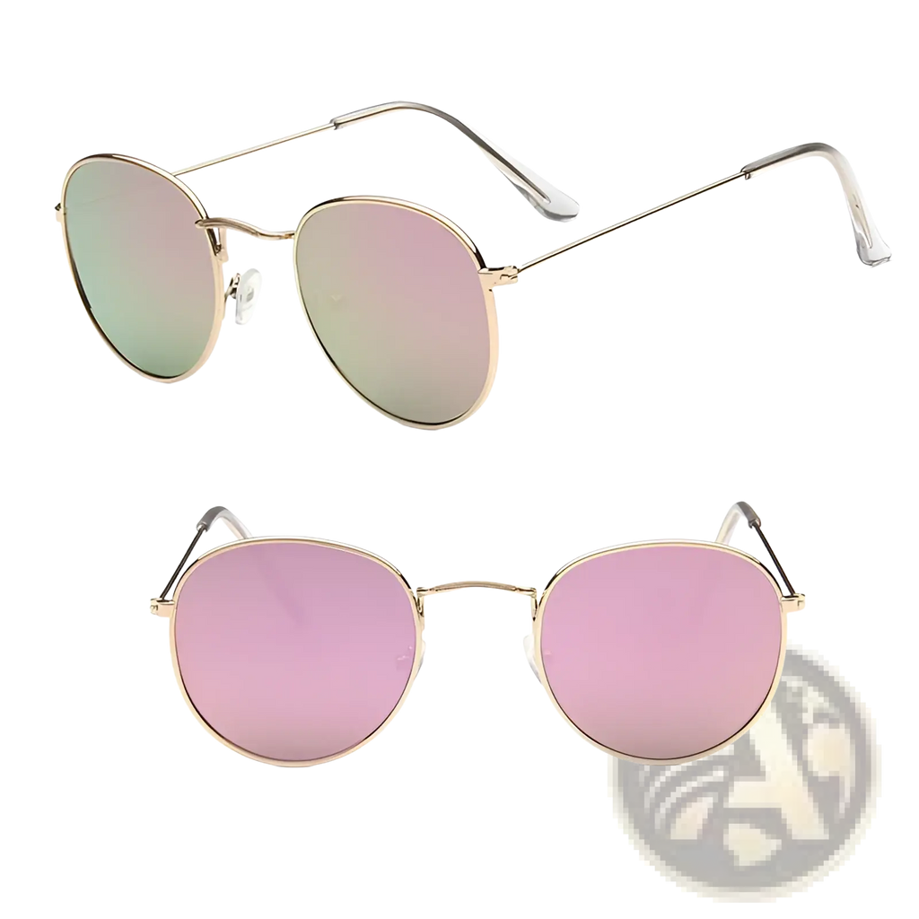 Retro round gold metal sunglasses with gold rims and gradient pink and green mirrored lenses