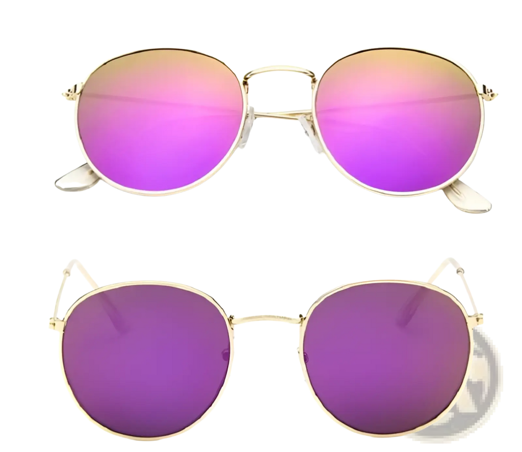 Retro round gold metal sunglasses with gold-rimmed frames and gradient pink to purple mirrored lenses